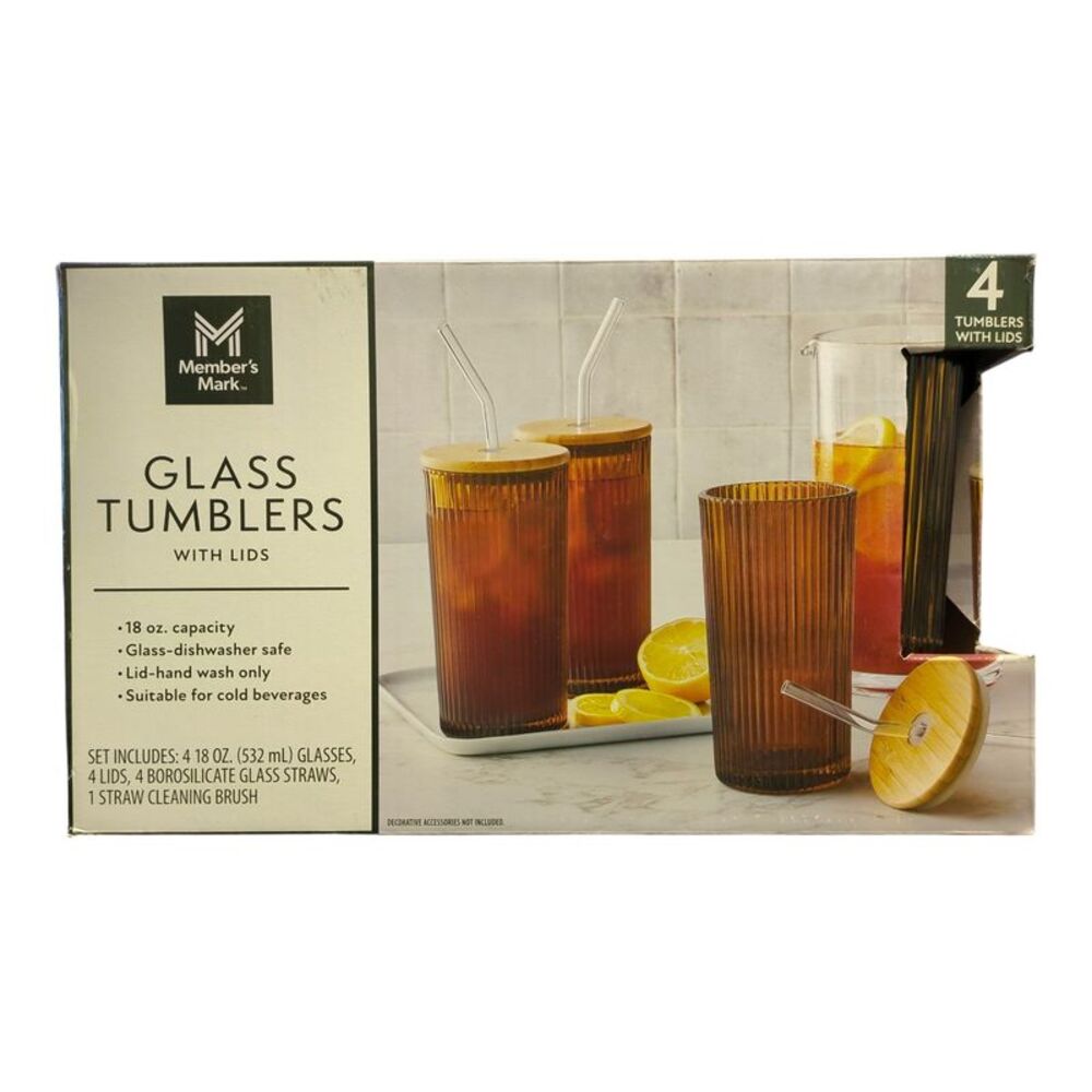 Member's Mark 18oz Glass Tumblers with Lids & Glass Straws, 4pk - Brown